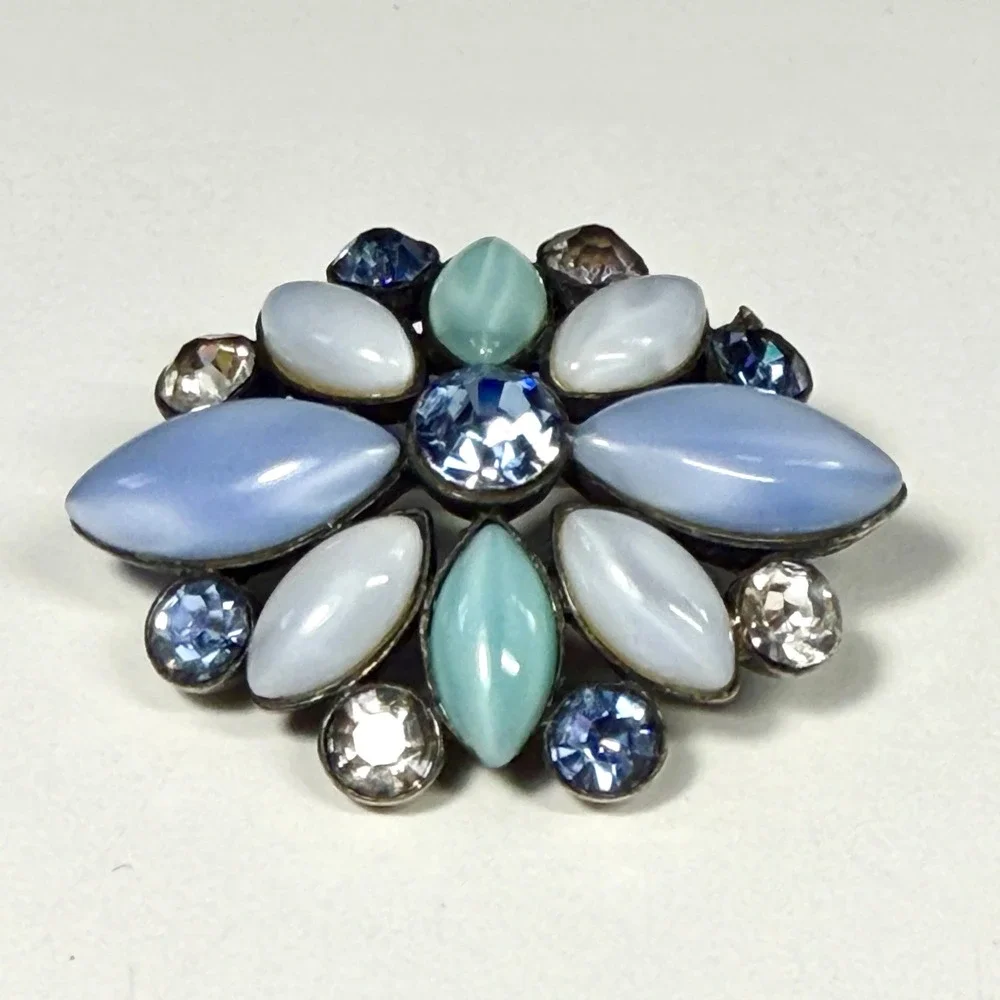 Vintage 80s Liz Claiborne Floral Brooch Blue Mint Milk Glass Rhinestone Cluster